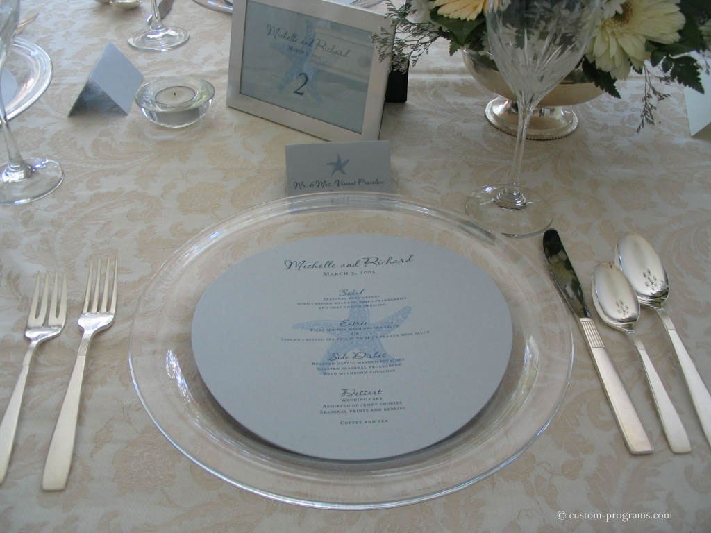 round menus, placecards, escort cards, Blue Starfish - Matching Menu, Table Cards and placecards